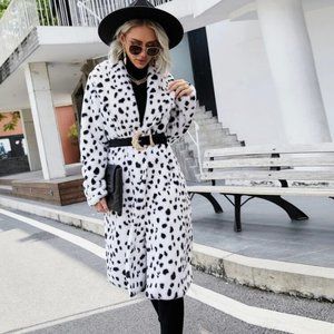 Dalmatian Print Fuzzy Coat Without Belt